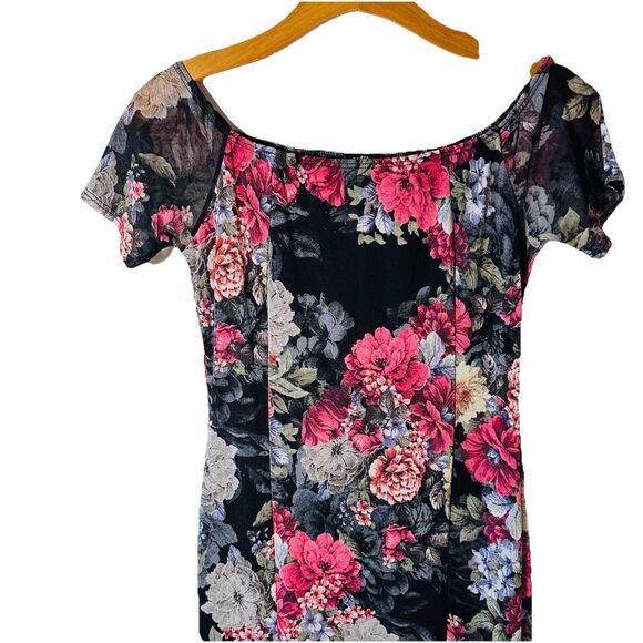 Black Pink Floral Bodycon Maxi Mesh Dress Spring Easter Long Pullover SZ M - Picture 5 of 10